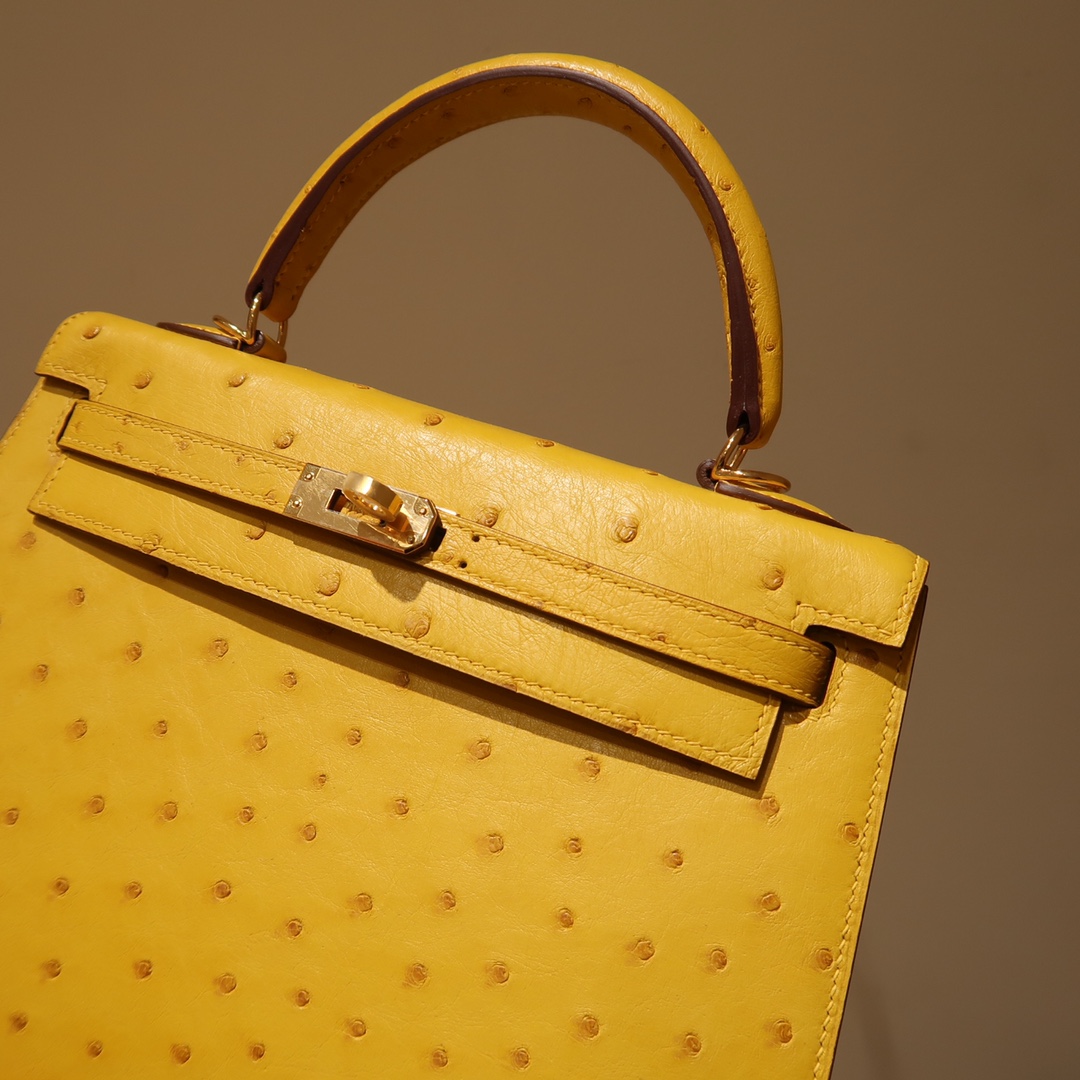 Hermes Kelly 25cm Handbag Shoulder Bag in Yellow Ostrich Leather